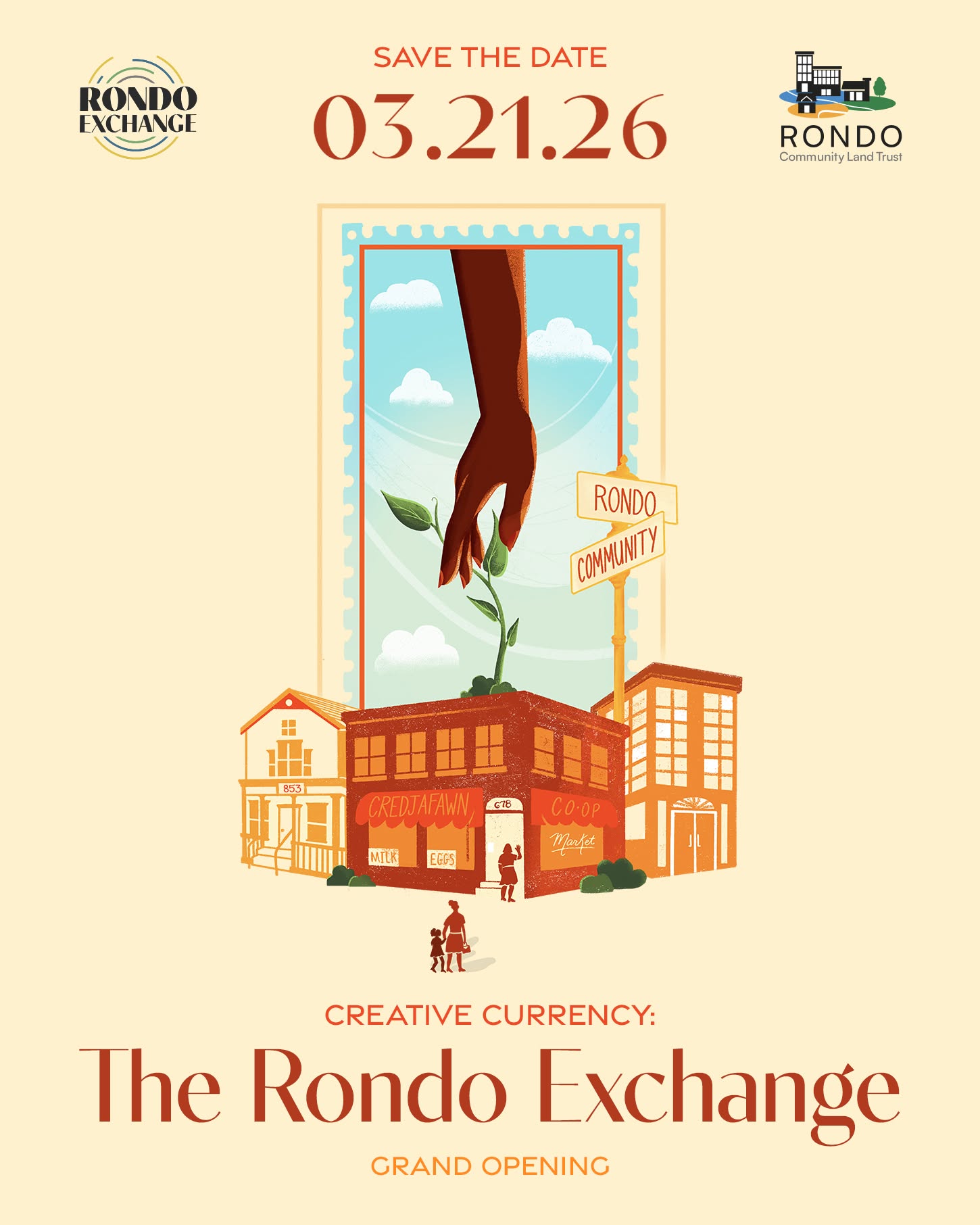 Save-the-date graphic for the Creative Currency: The Rondo Exchange grand opening, March 21, 2026.
