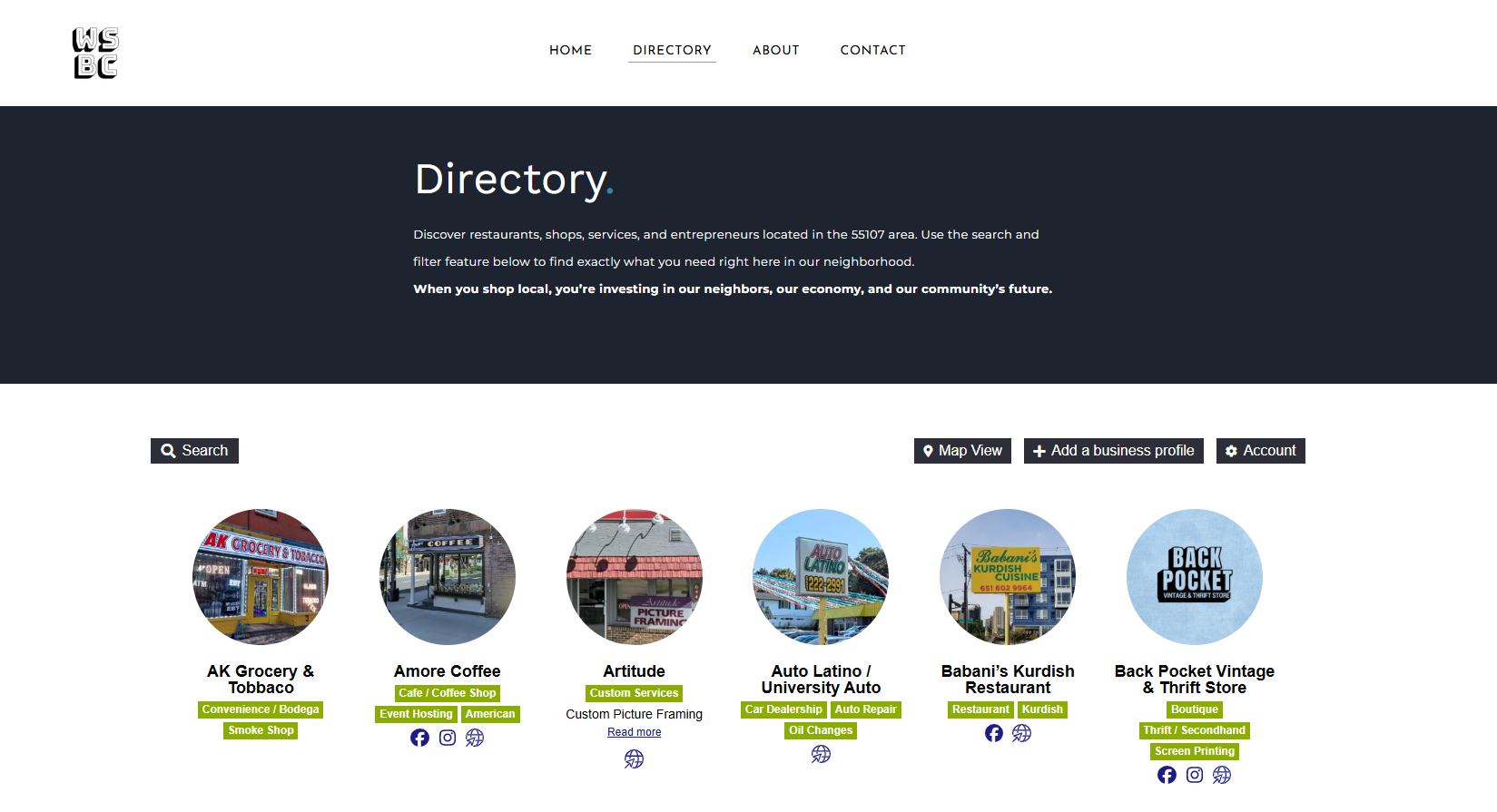 Screenshot of the West Side Business Collective directory webpage listing local businesses in the 55107 area.