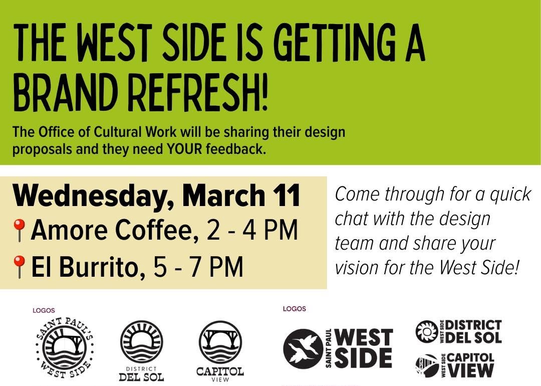 Flyer for a West Side brand refresh feedback event on March 11 at Amore Coffee and El Burrito, showing two proposed logo and banner design directions.