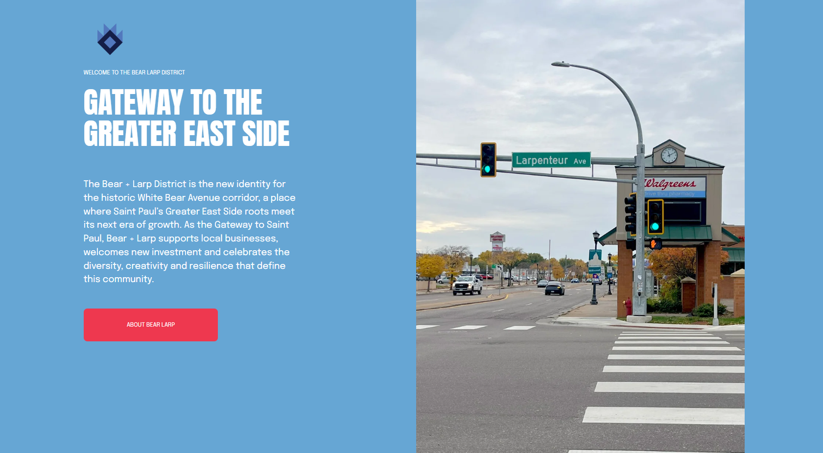 Screenshot of the Bear + Larp District website homepage introducing the new identity for the White Bear Avenue corridor.