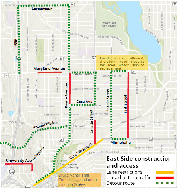 Map showing road closures and lane restrictions on the East Side of Saint Paul August 24, 2026