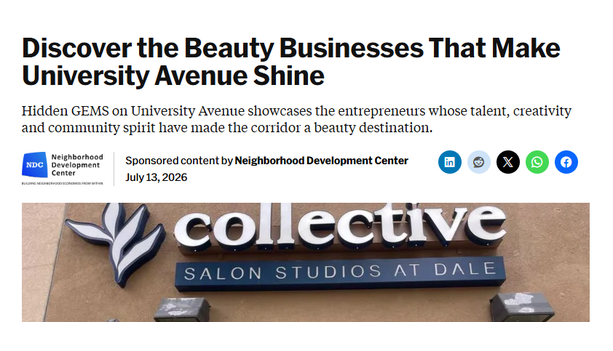 Screenshot of an NDC-sponsored article headlined "Discover the Beauty Businesses That Make University Avenue Shine," with a photo of the Collective Salon Studios at Dale storefront sign.