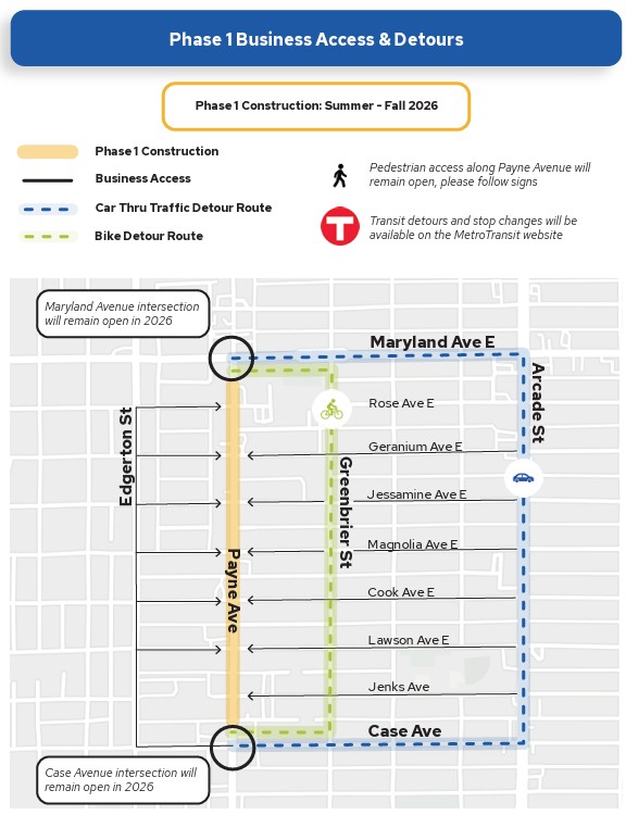 Map showing detour and business access for Payne Avenue construction.