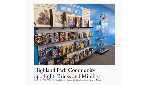 Article preview for the Highland Park Community Spotlight on Bricks and Minifigs, with a photo of the shop's Lego wall and minifigure display case.