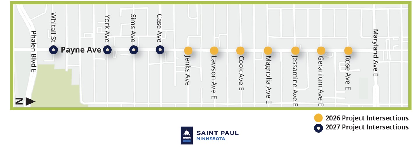 Map showing the Payne Avenue phases with Phase 1 from Maryland to Case and Phase 2 from Case to Phalen