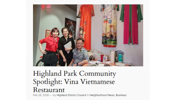Article preview for the Highland Park Community Spotlight on Vina Vietnamese Restaurant, with a photo of three people in front of áo dài dresses.