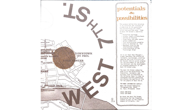 Cover of the vintage West 7th Street "Potentials & Possibilities" brochure, with a stylized map and text panel.