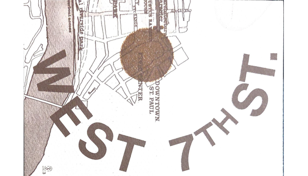 West 7th Street brochure cover with a historic downtown Saint Paul map and "WEST 7TH ST." in large brown letters.