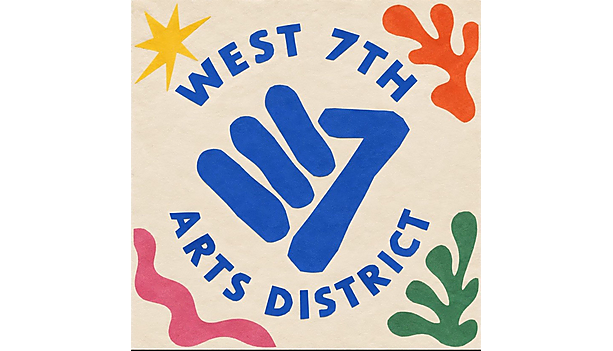West 7th Arts District logo with a blue "W7" monogram and Matisse-inspired cut-paper shapes in the corners on a cream background.