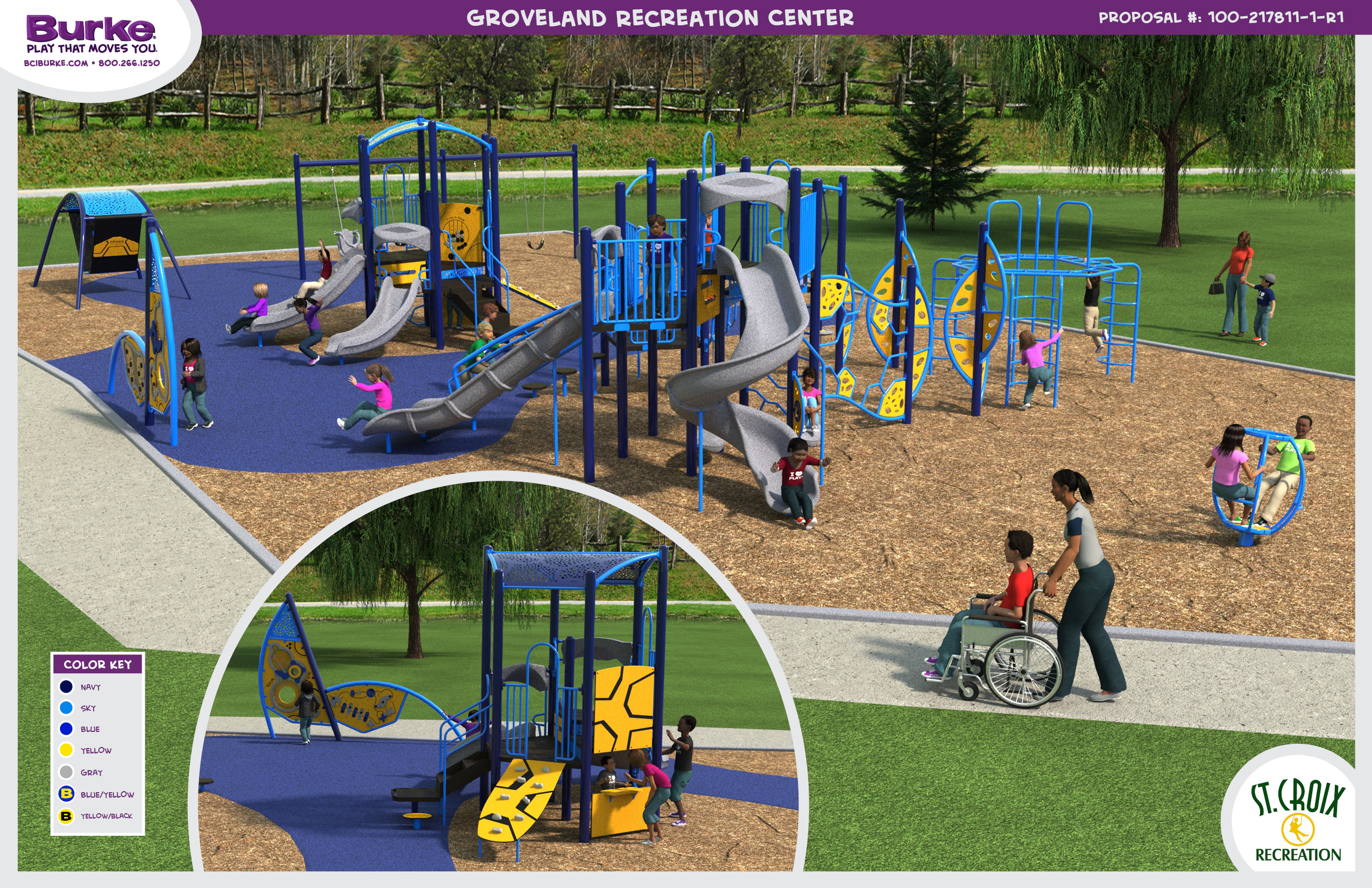 A digital rendering shows proposed playground at Groveland, featuring swings, slides, and play towers. Multiple accessible play elements are shown,. 