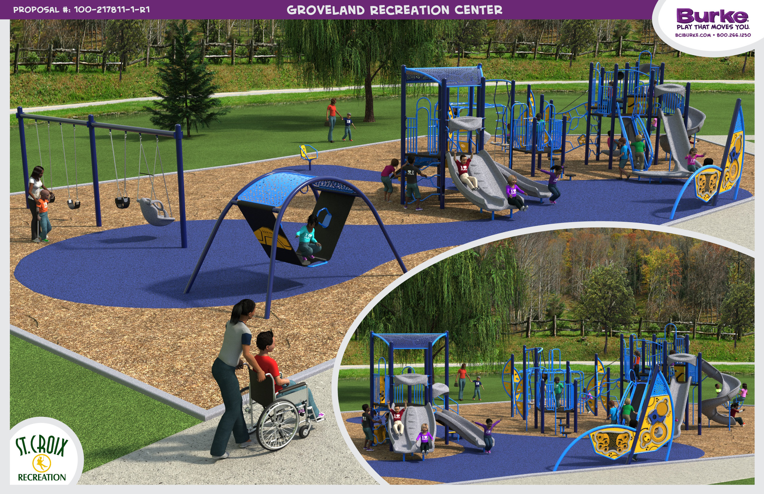 A digital rendering shows new playground design at Groveland, including swings, slides, and play towers. Multiple accessible play features are shown. 