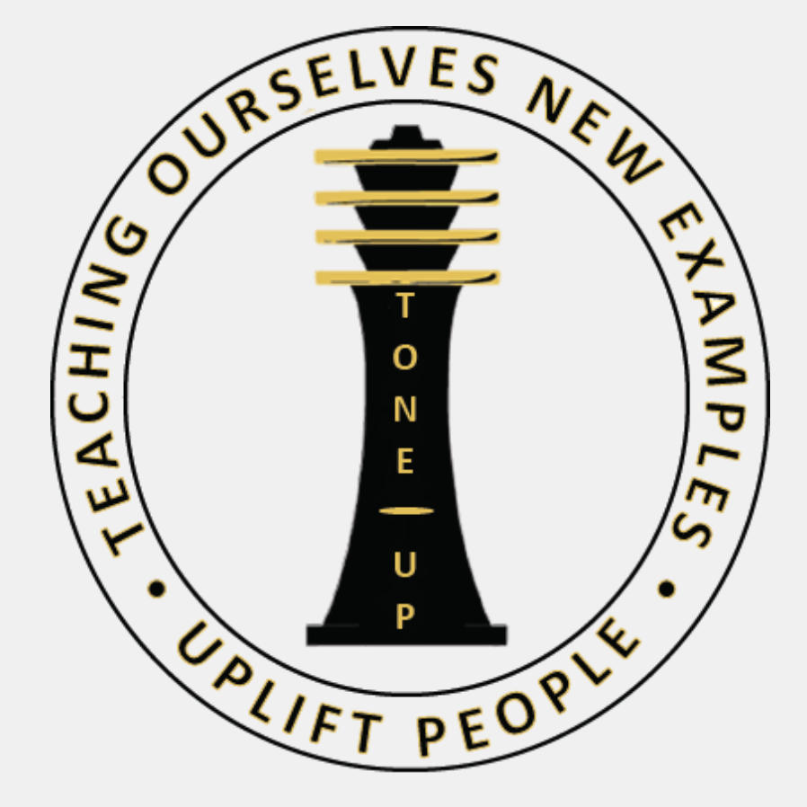 A logo: TEACHING OURSELVES NEW EXAMPLES / UPLIFT PEOPLE in a circle, around a black obelisk with four golden fins at the top