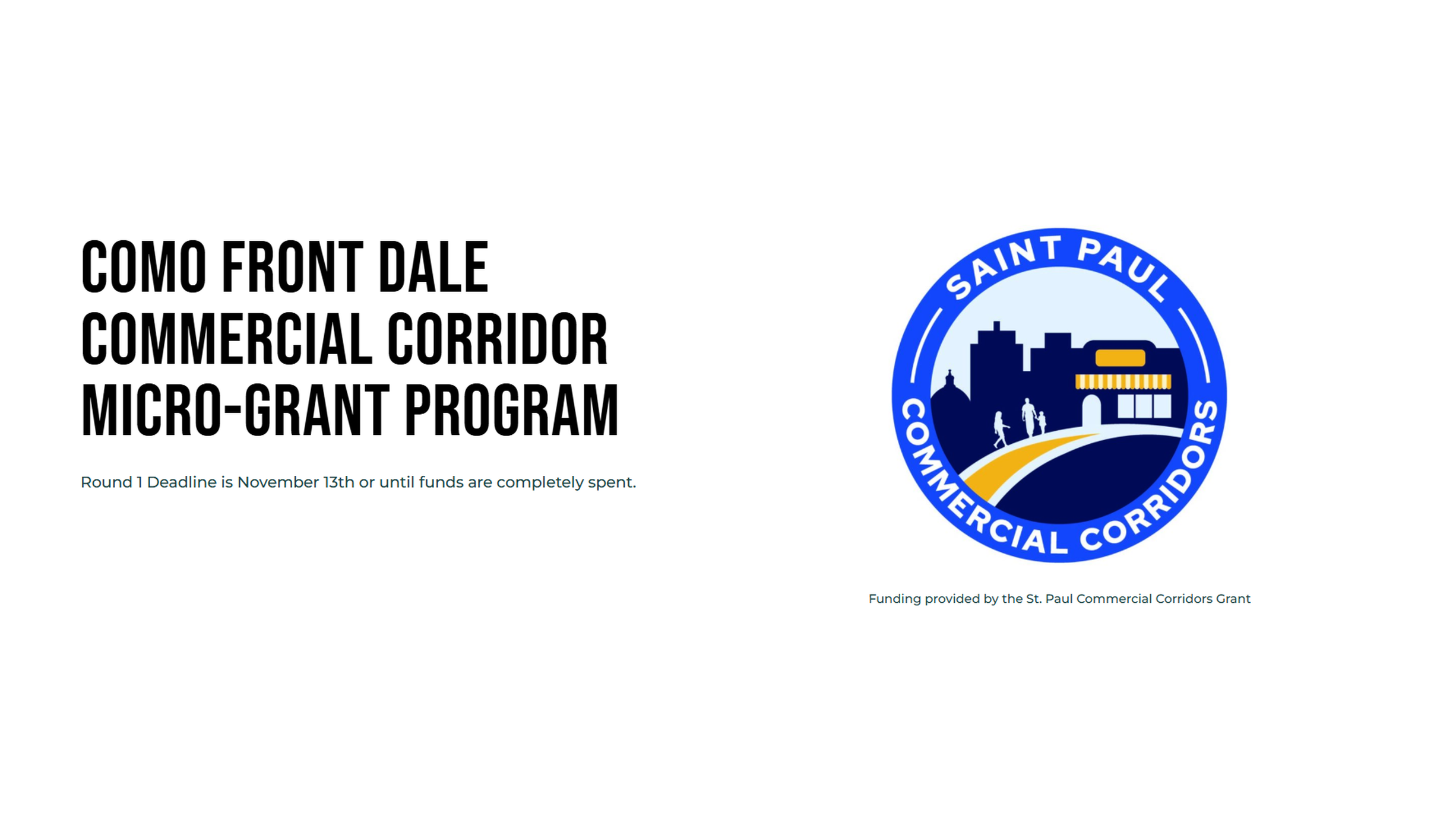 Como Front Dale Commercial Corridor Micro-Grant Program hero, with a Round 1 deadline of November 13 and the Saint Paul Commercial Corridors seal.