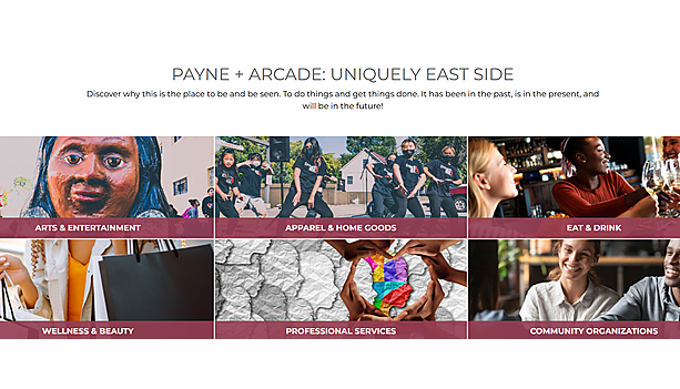 Screenshot of the "Payne + Arcade: Uniquely East Side" webpage section with six category tiles for Arts & Entertainment, Apparel & Home Goods, Eat & Drink, Wellness & Beauty, Professional Services and Community Organizations.