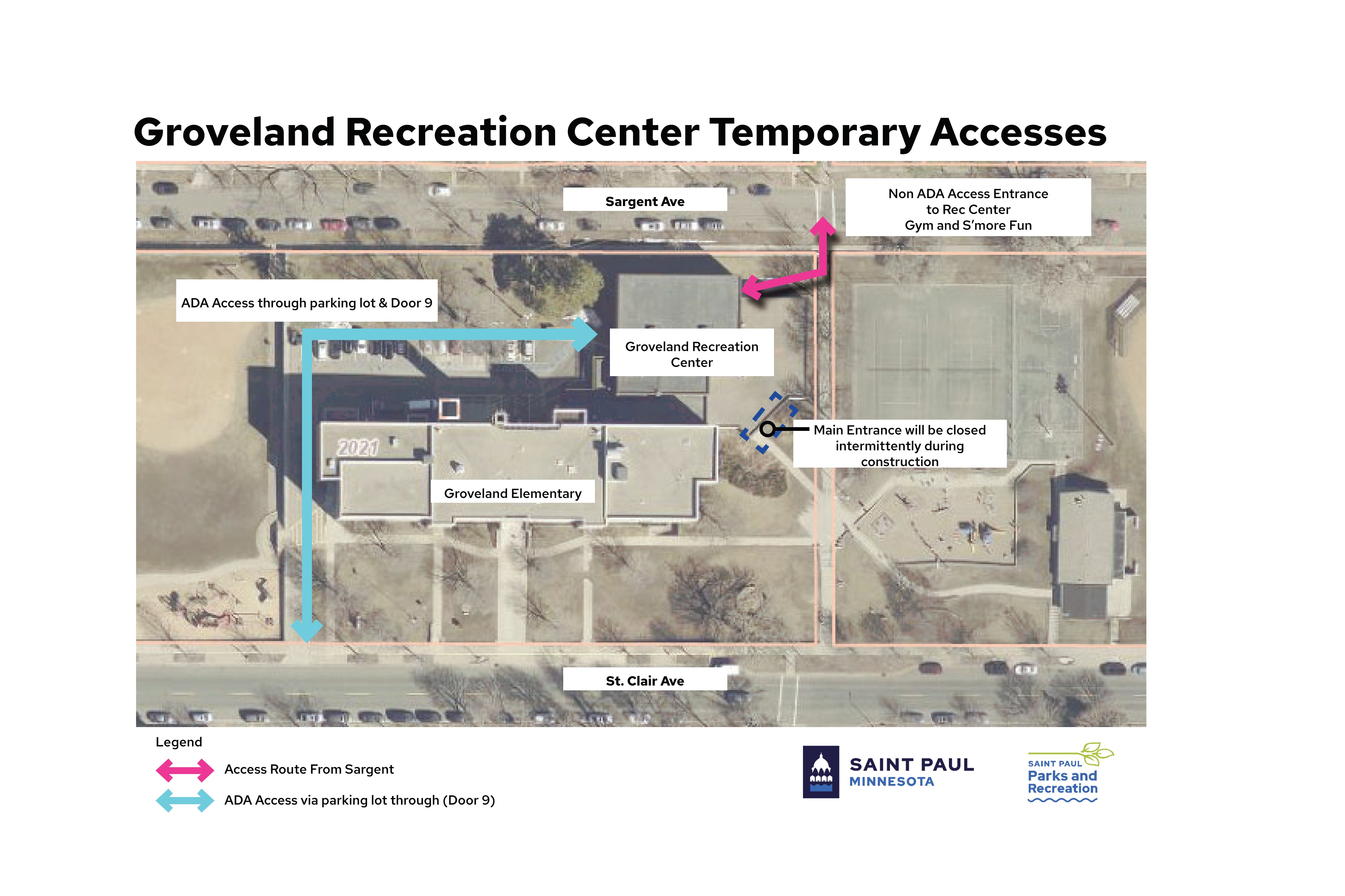aerial image of Groveland Recreation Center and Groveland Elementary with arrows showing where temporary access will be at times that the main entrance to the recreation center is closed for construction purposes.