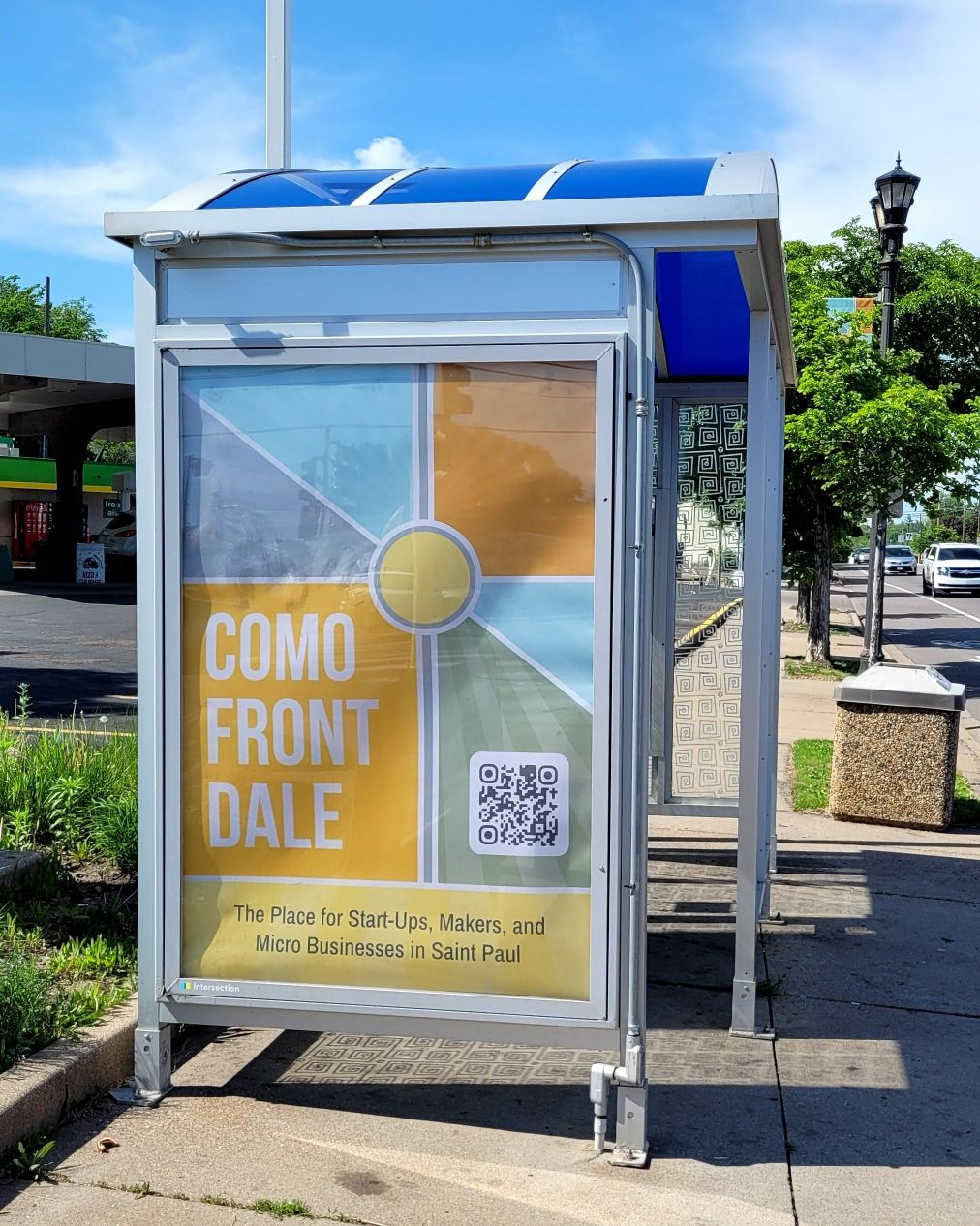 Como Front Dale district ad on a bus shelter panel, promoting the area as a place for start-ups, makers, and micro businesses.
