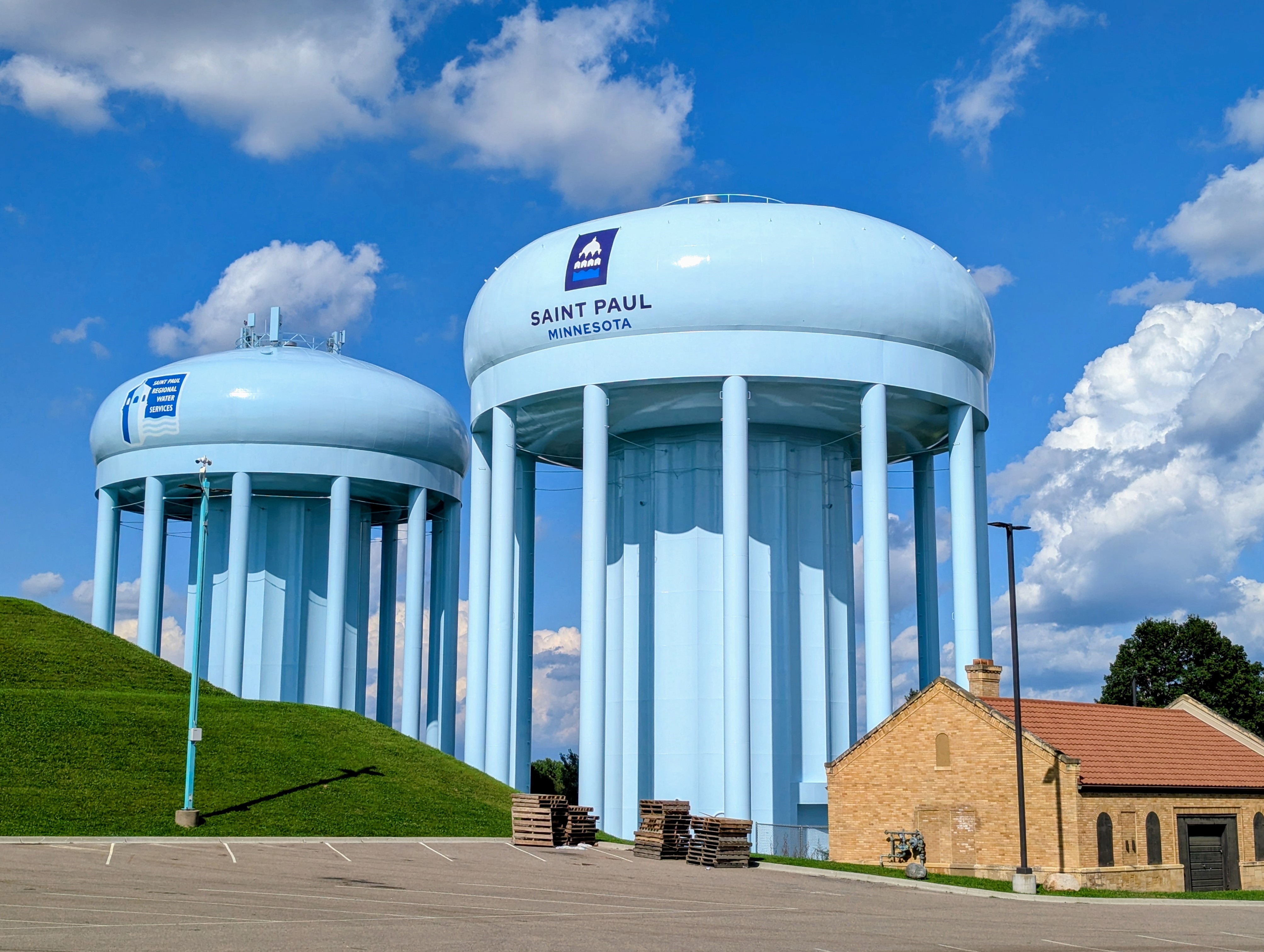 Highland water towers with SPRWS and City of Saint Paul logos on the side of the towers