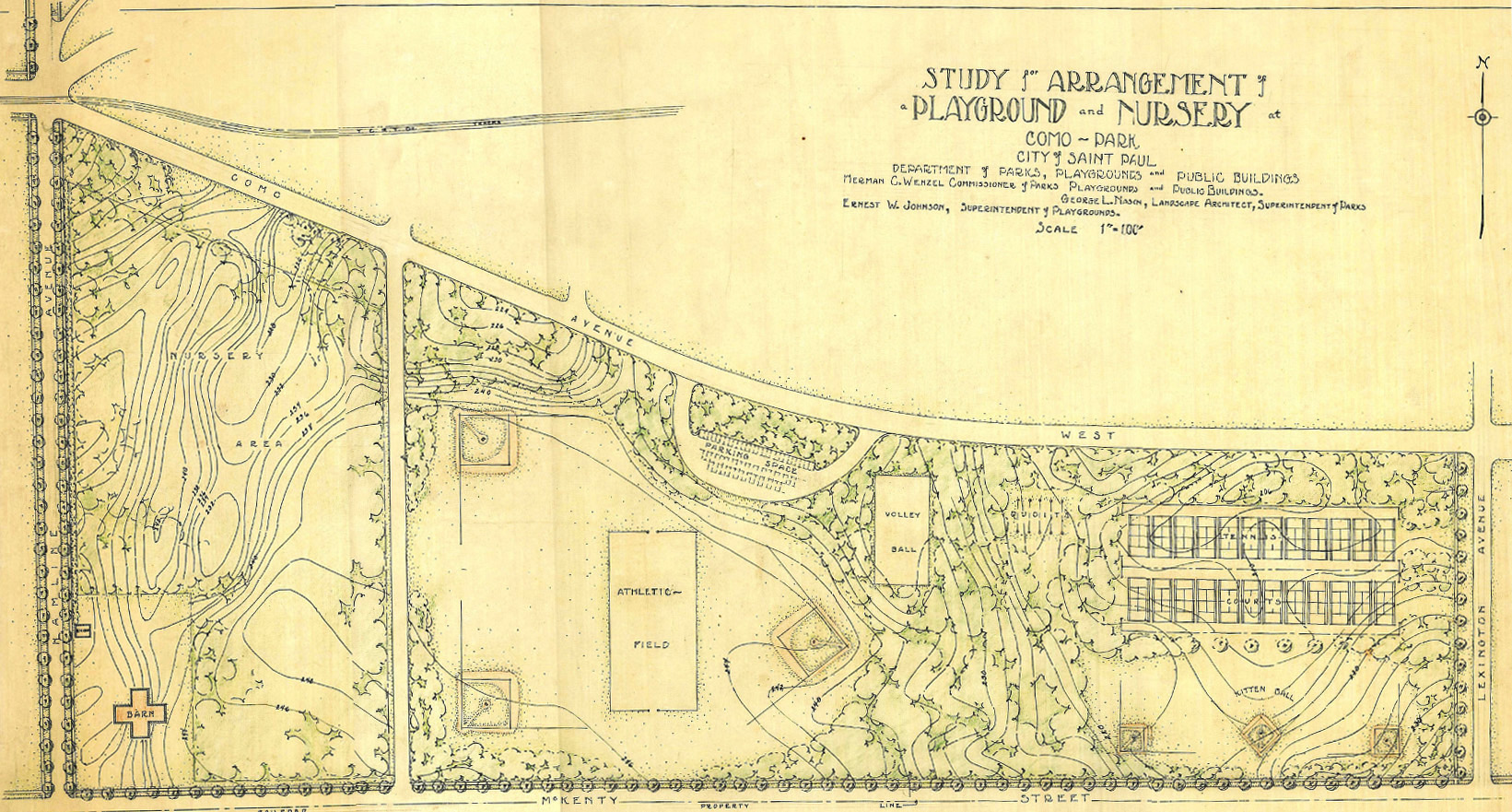 Plan for two-level athletic field, circa 1924. Note the park nursery on the left.