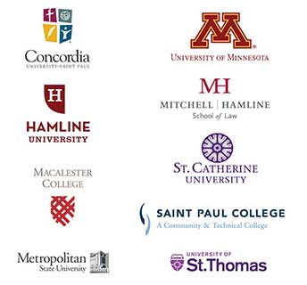 Colleges and Universities Logos: Concordia University, Hamline University, Macalester College, Metropolitan State University, University of Minnesota, Hamline Mitchell School of Law, Saint Catherine University, Saint Paul College, University of St. Thomas