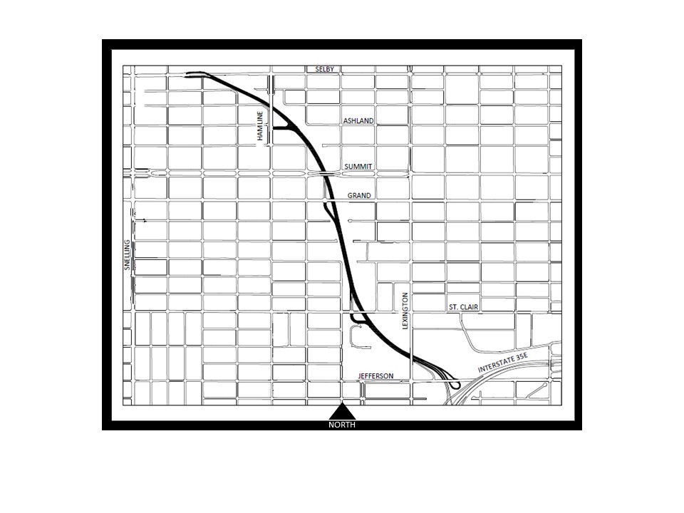 Ayd Mill Road Map showing Ayd Mill Road between Interstate 35E on south end and Selby Avenue on the north end.