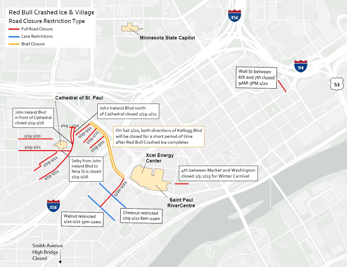 road closures around the Red Bull Crashed Ice scene.