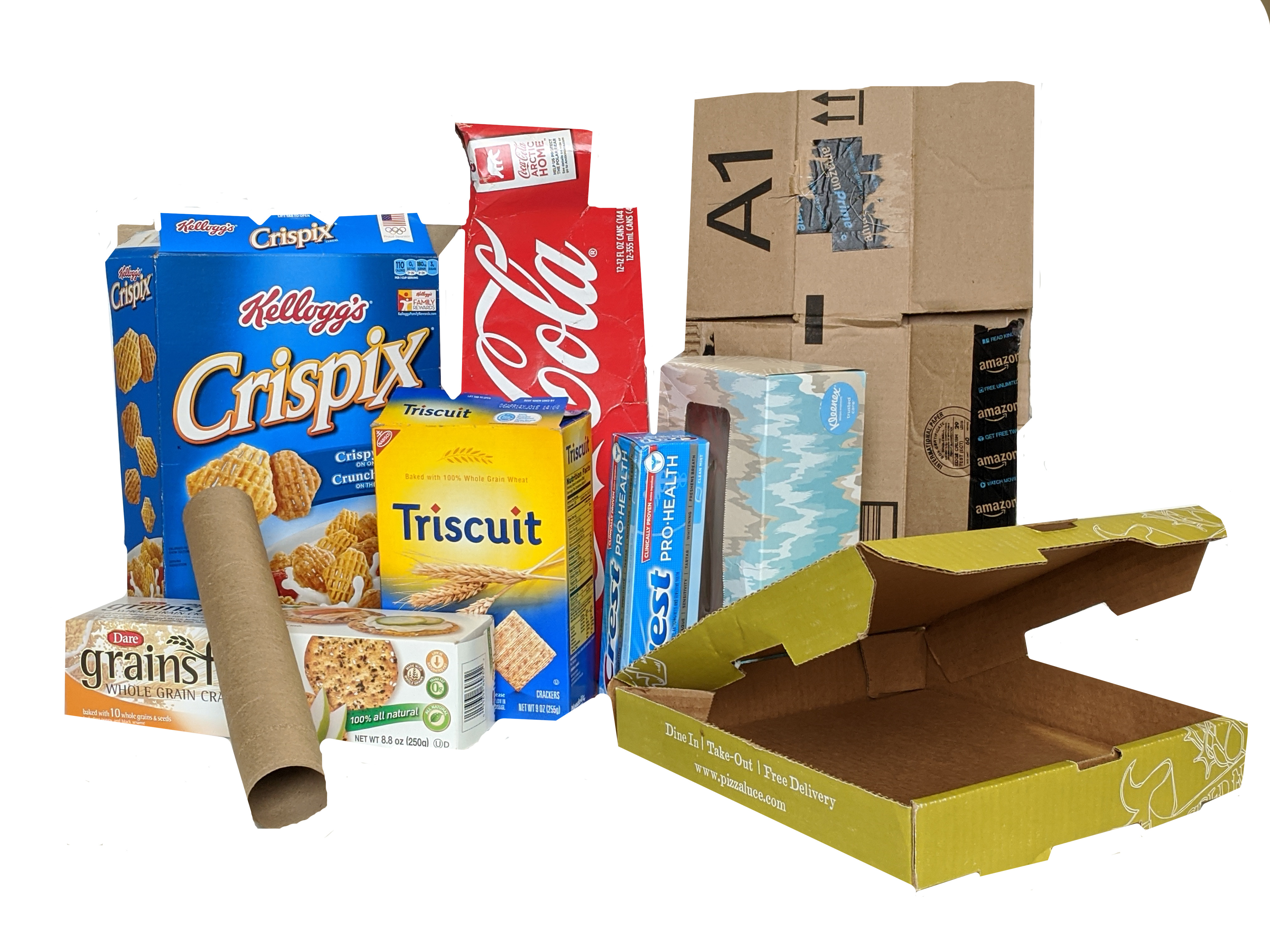 cardboard boxes (cereal box, tissue box, delivery pizza box, toothpaste box, paper towel tube)