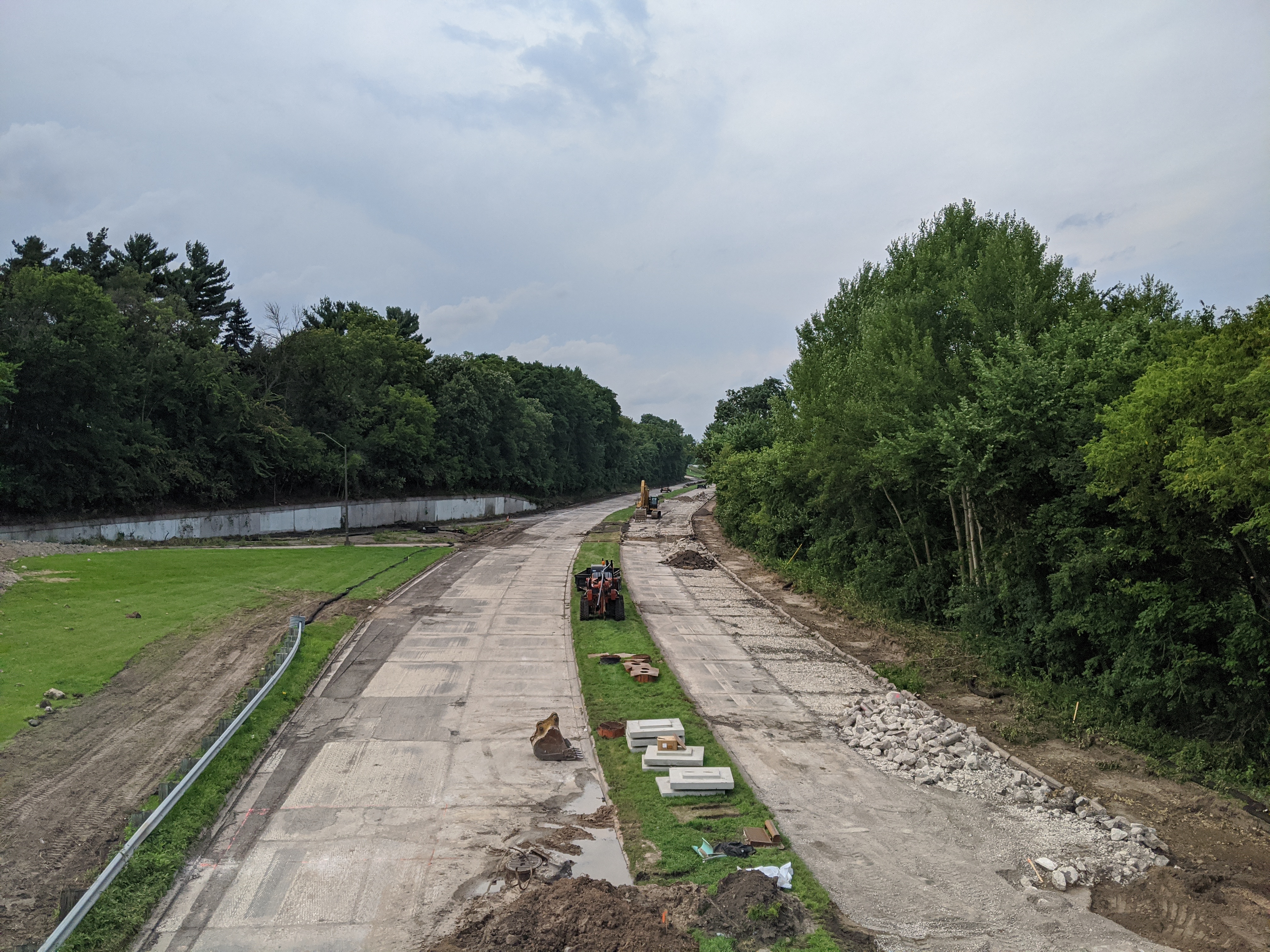 Ayd Mill Road under construction on 8.14.20. View from St. Clair overpass. Concrete road cut and rubbilized process underway.