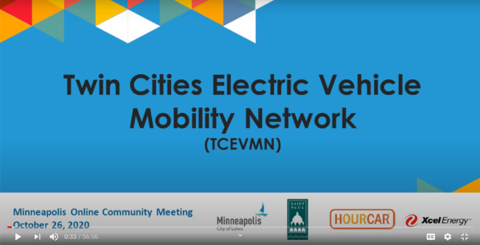 Front page image of the presentation for the Twin Cities Electric Vehicle Mobility Network Minneapolis Online Community Meeting