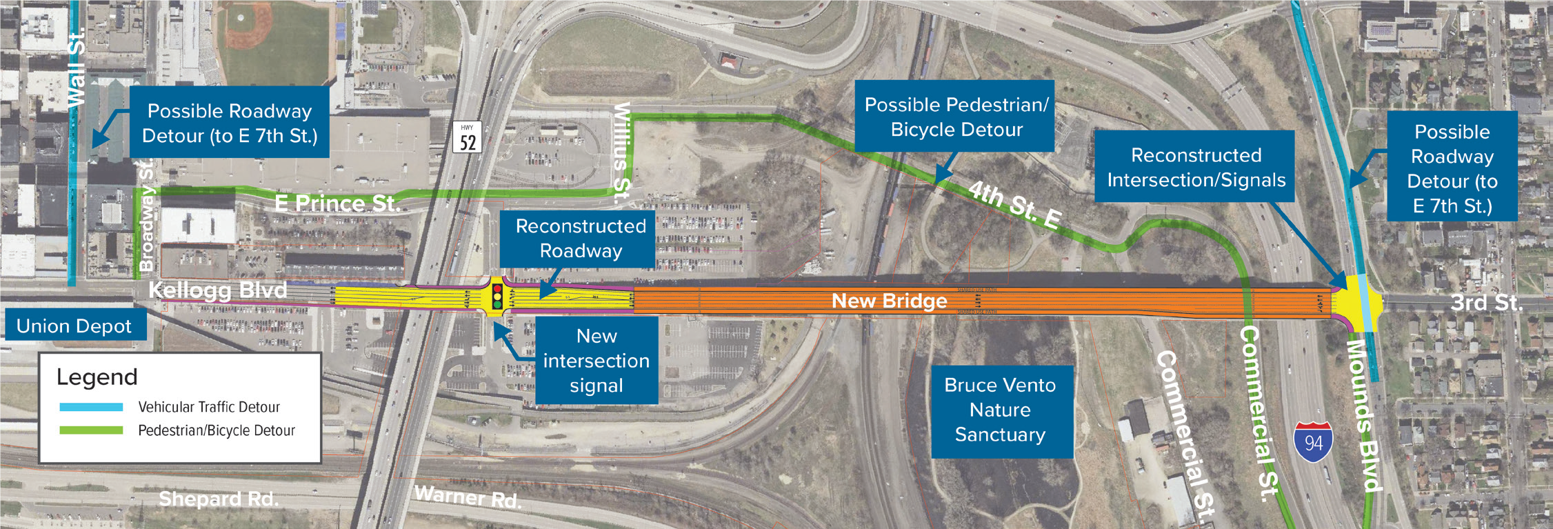 Map showing the Kellogg-3rd Street Bridge construction project location and possible detours.