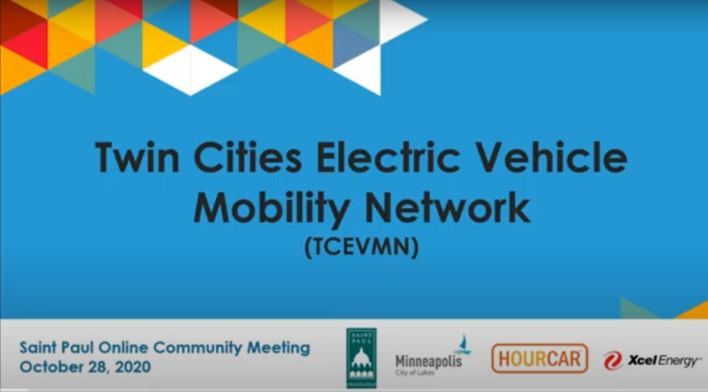 Image of front page of slide deck for Saint Paul Online Community Meeting for the Twin Cities Electric Vehicle Mobility Network