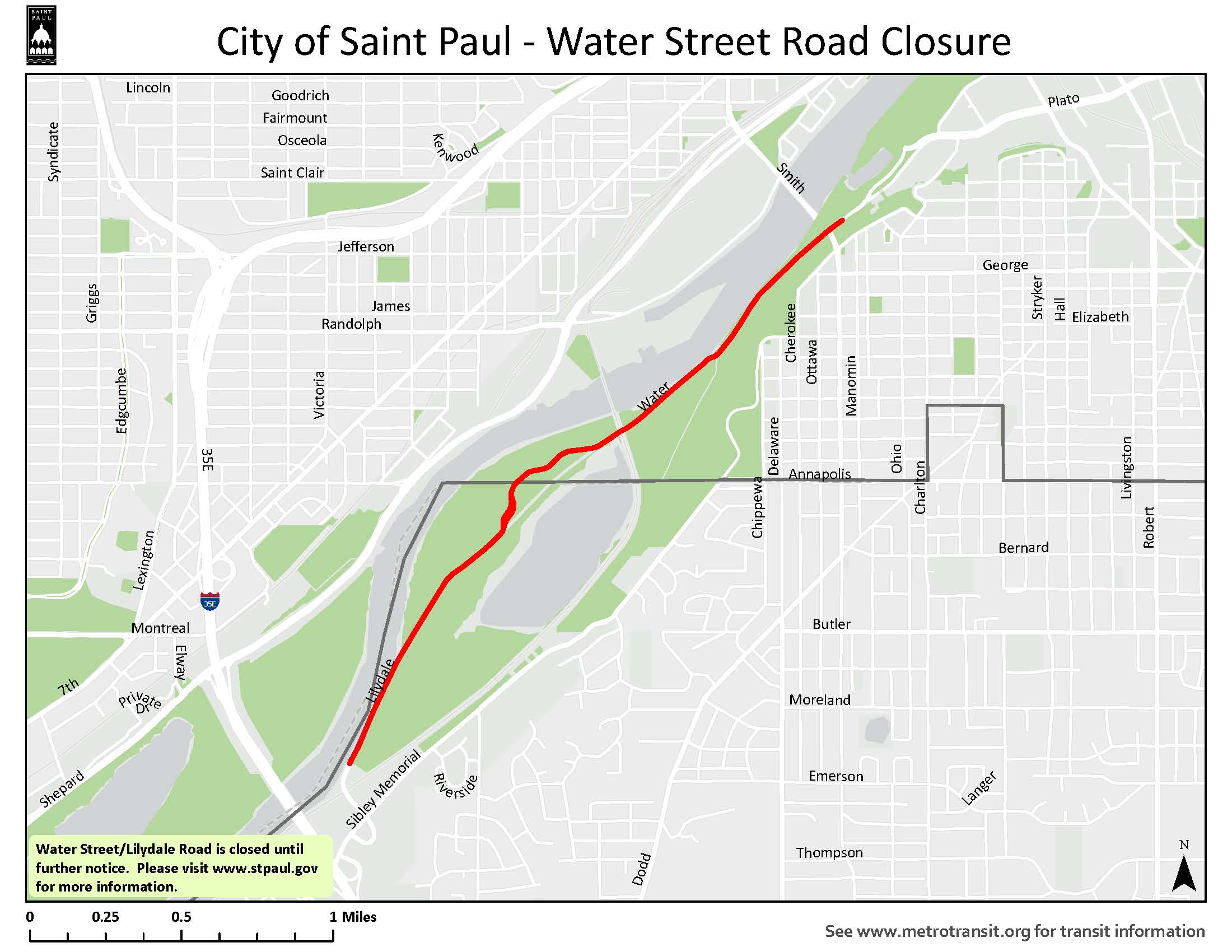 Graphic map showing the street closure of Lilydale Road/Water Street from Hwy 13 to Plato