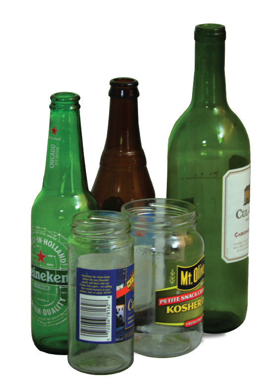 glass bottles and jars (wine bottle, beer bottle, soda bottle, pickle jar)