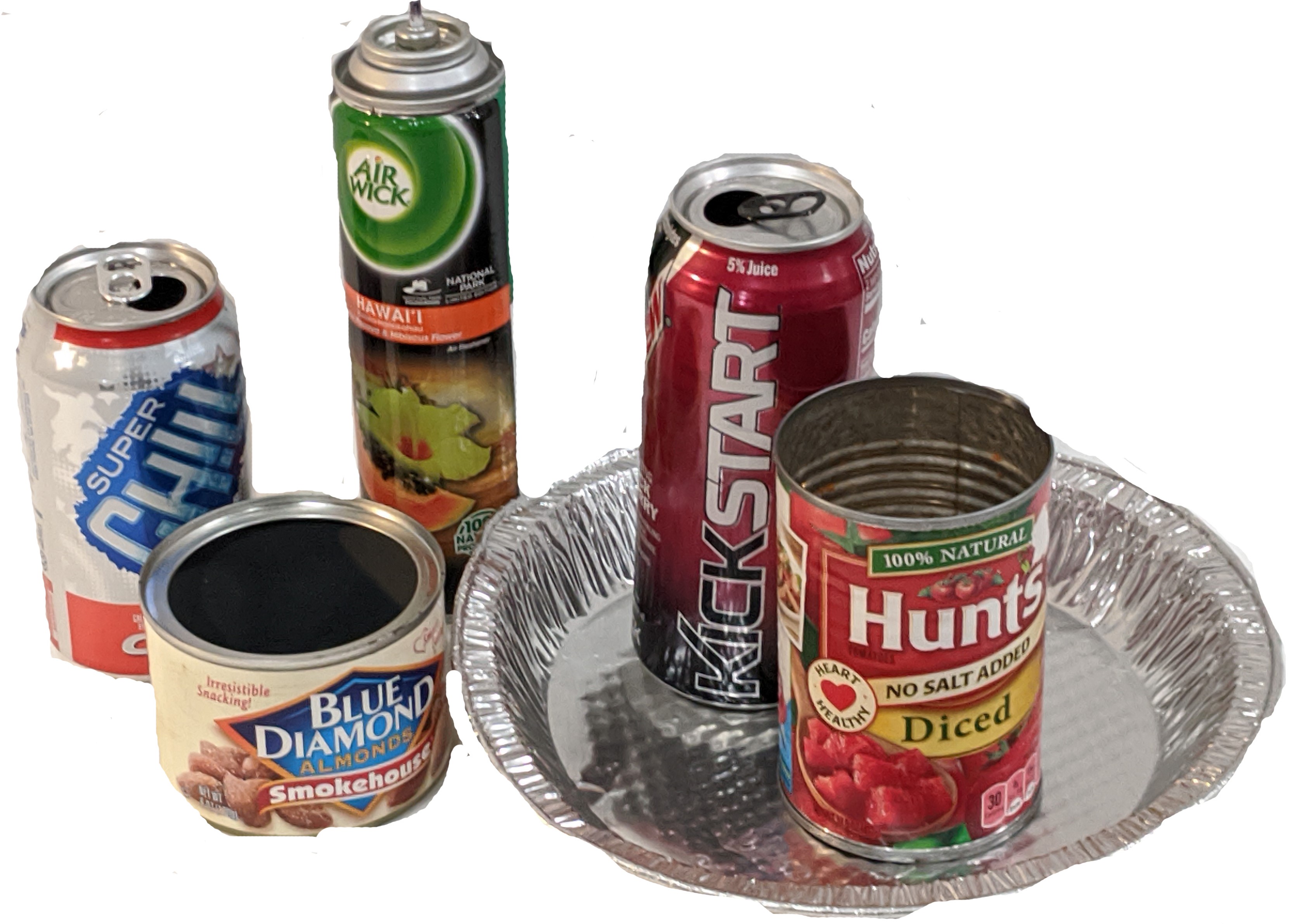 recyclables metal items (aluminum cans, steel cans, pie tin, aerosol can, decorative tin)