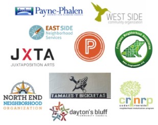 Logos of community organization partners. Tamales y Bicicletas. Powderhorn Park Neighborhood Association. Cedar Riverside. East Side Neighborhood Services. Dayton's Bluff Community Council. Frogtown Neighborhood Association. Payne Phalen. Juxtaposition Ar