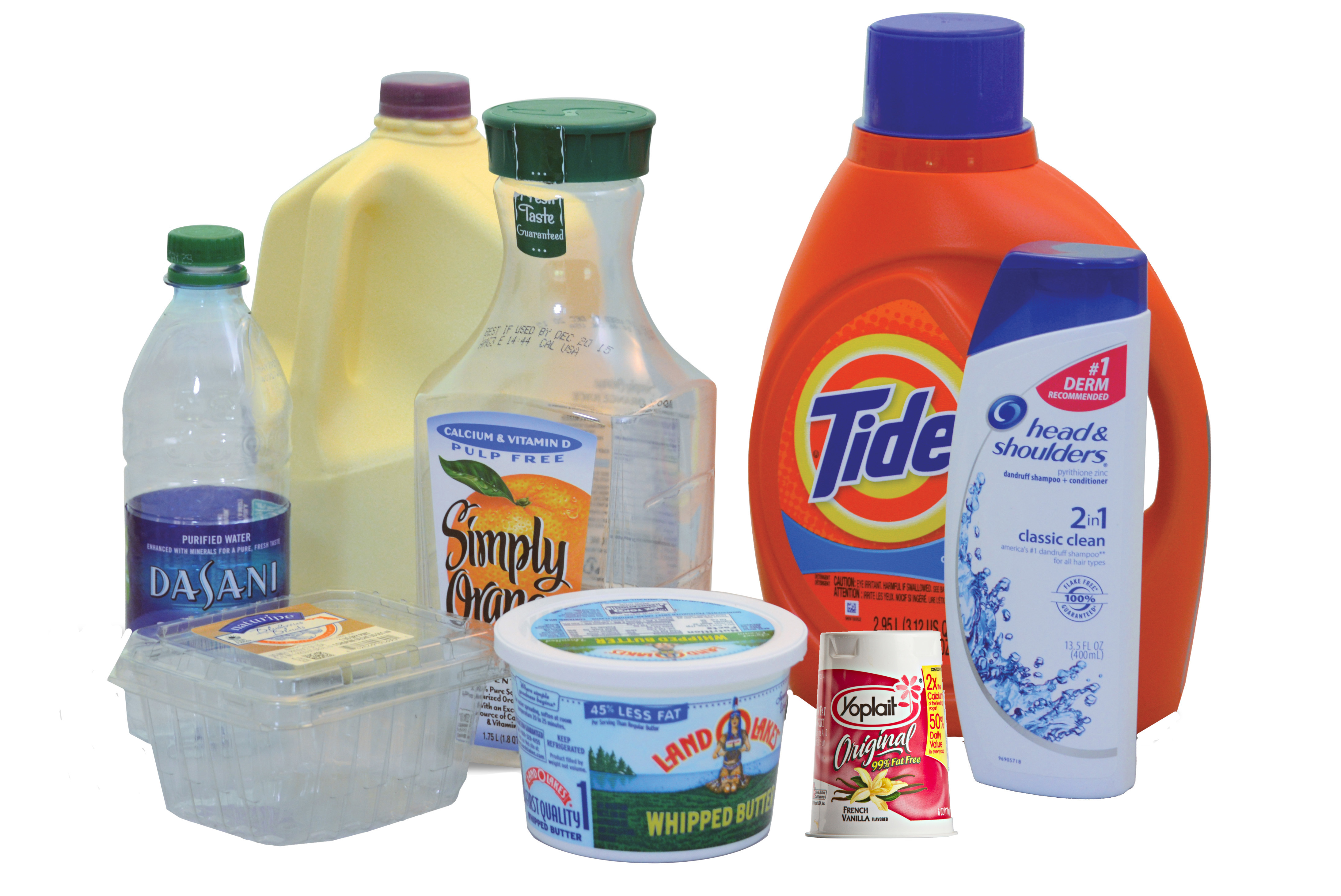 plastic containers (milk jug, detergent bottle, yogurt tub, shampoo bottle, water bottle, fruit carton)