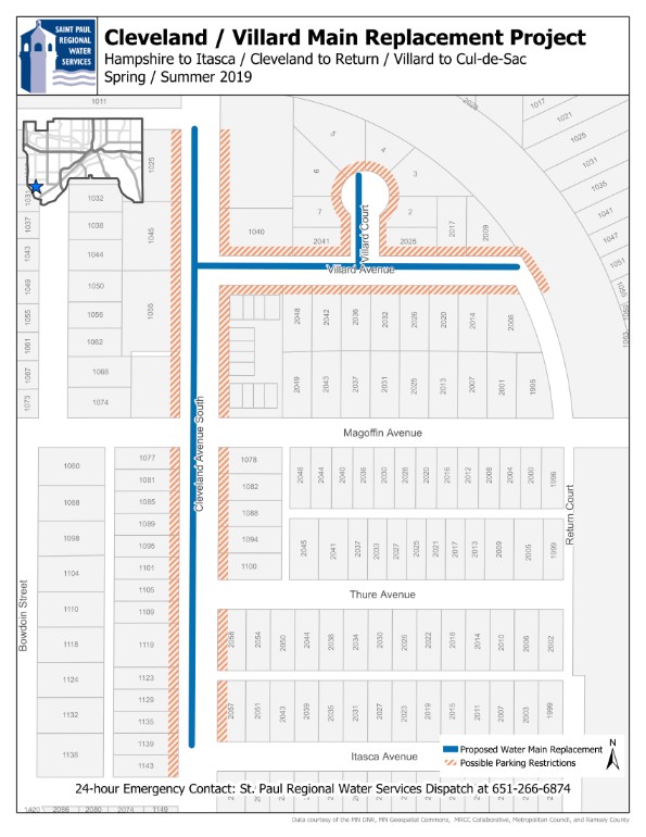 Map of Main replacement work area on Cleveland-Villard Map of Cleveland Ave. and Villard water main replacement area