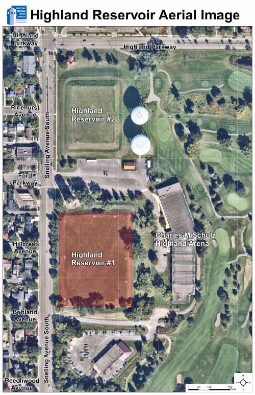 Aerial image of Highland Reservoir Image of Aerial view of Highland Park with reservoirs