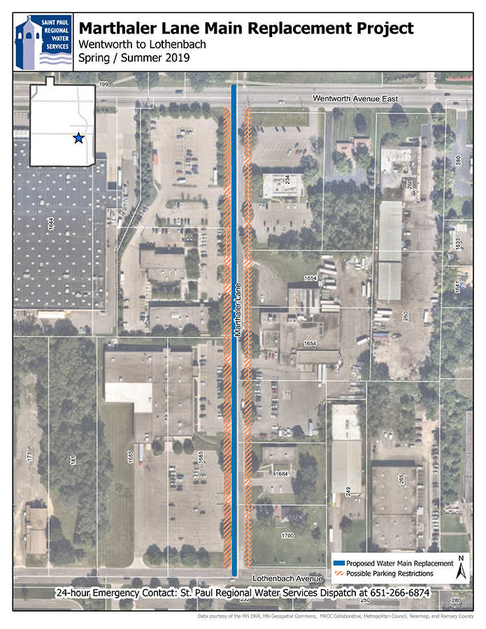 Marthaler Lane water main replacement Map of Marthaler Lane from Wentworth to Lothebach water main replacement work area