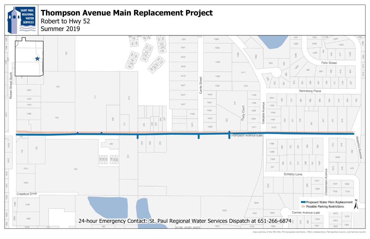 Map of Thompson Water Project Map image of water main replacement work on Thompson