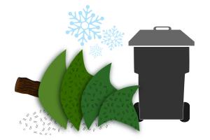 Illustration of a holiday tree next to a garbage cart.