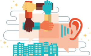 shaking hands and an ear receiving information