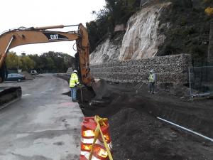 prepping the area for the sidewalk construction near the gabion wall on Wabasha Street in Saint Paul