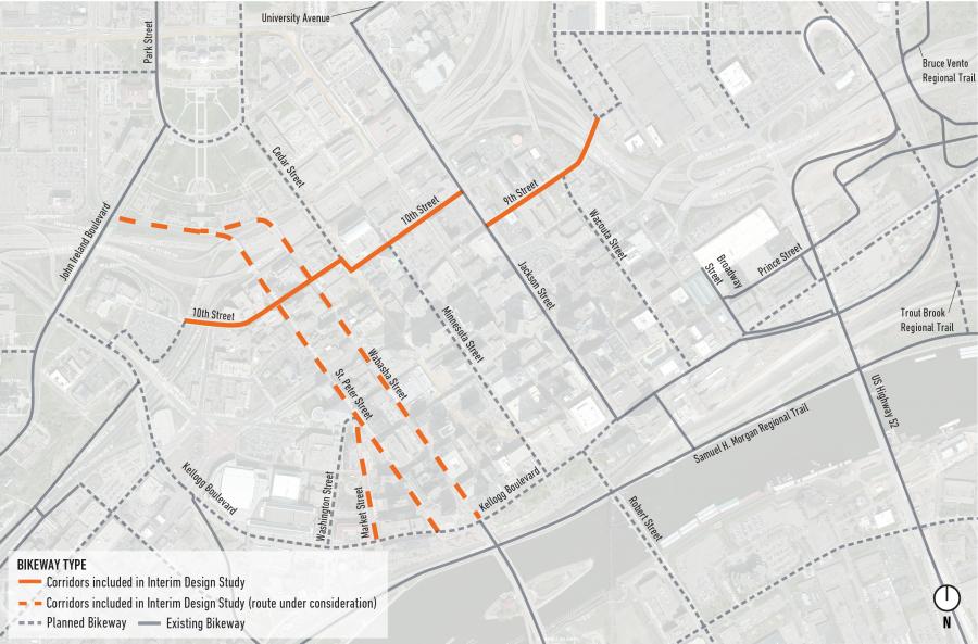 Capital City Bikeway Map highlighting 2019 Interim Design Study on 9th Street and 10th Street and St. Peter Street, Wabasha Street, or St. Peter Street/Market Street in downtown Saint Paul.