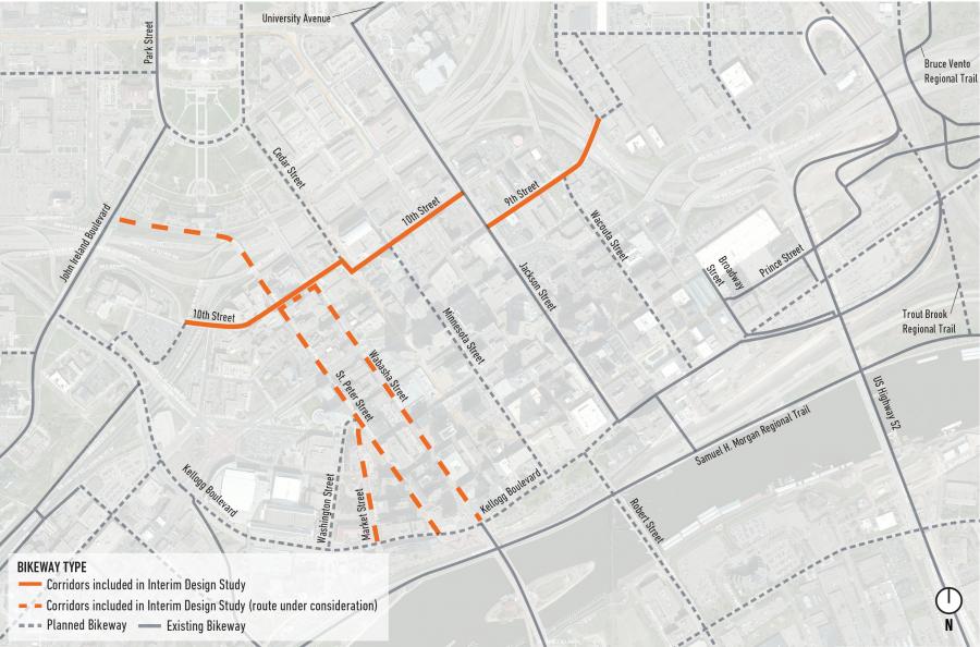 Capital City Bikeway Map highlighting 2019 Interim Design Study on 9th Street and 10th Street and St. Peter Street, Wabasha Street, or St. Peter Street/Market Street in downtown Saint Paul.