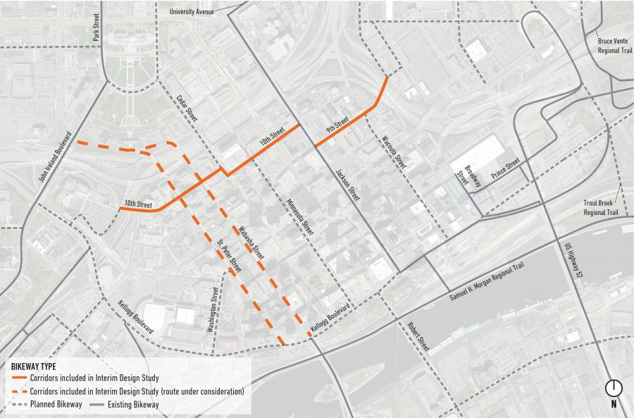 Capital City Bikeway Map highlighting 2019 Interim Design Study on 9th Street and 10th Street and St. Peter Street and Wabasha Street in downtown Saint Paul.
