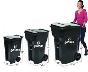 photo of different garbage cart sizes with dimensions