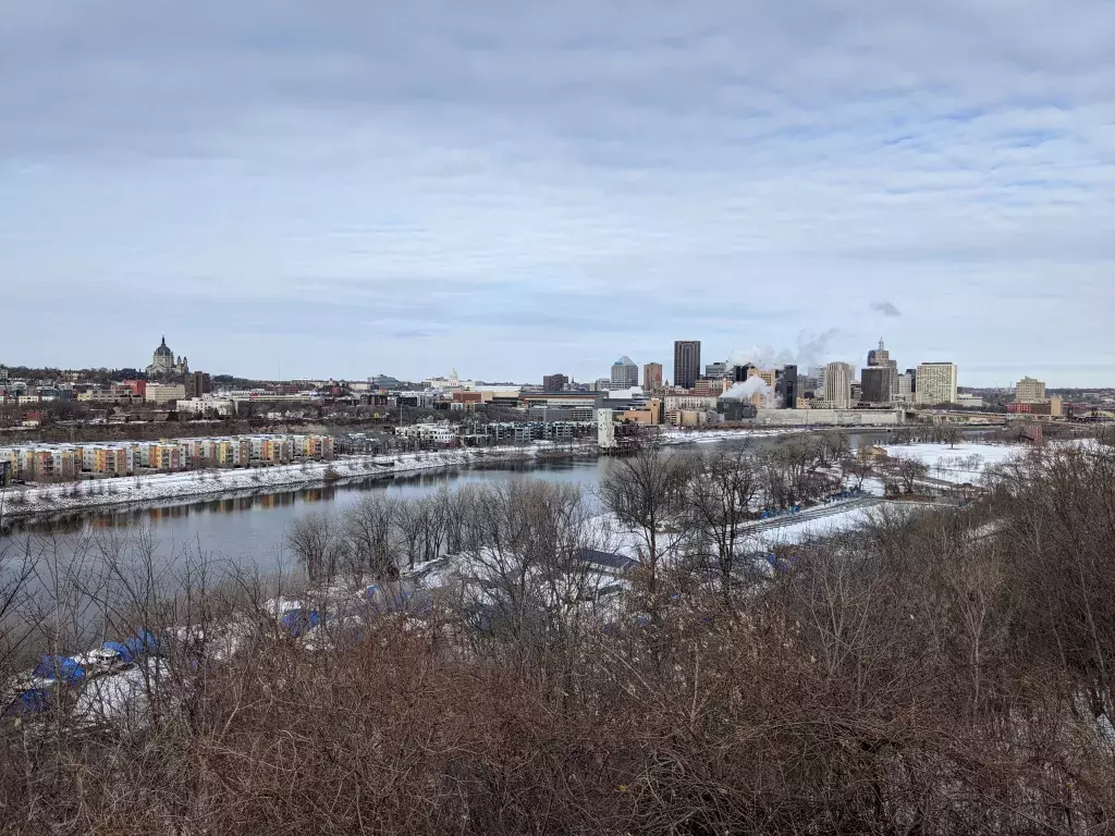 View of downtown Saint Paul from Smith Bridge in the winter. 
