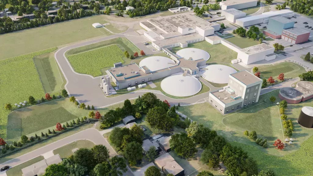 3D rendering of planned McCarrons Treatment Plant from aerial viewpoint