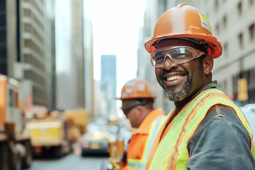An image of a construction worker smiling on a city street