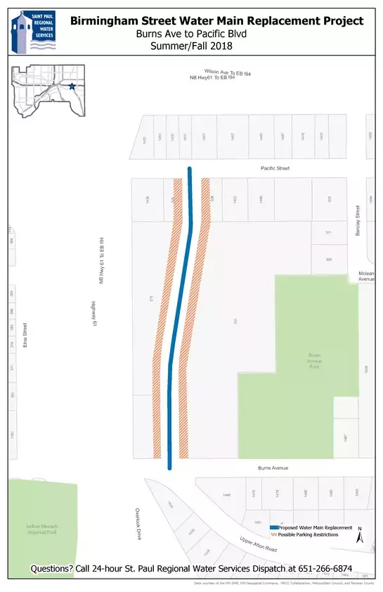 Map of Birmingham Street water main replacement area between Pacific St. and Burns Ave.